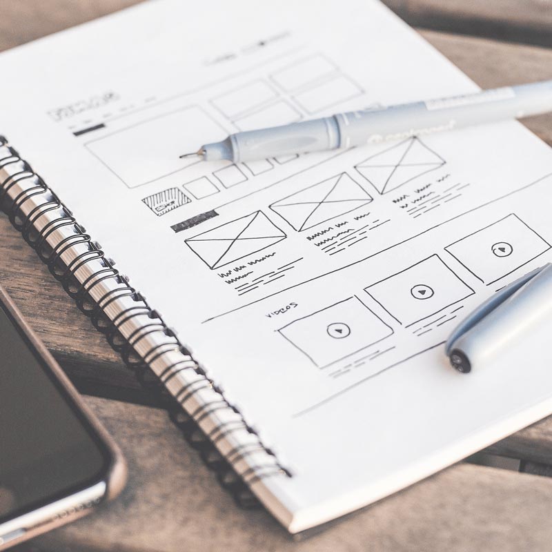 Ein Spiralnotizbuch auf einer hölzernen Oberfläche zeigt handgezeichnete Website-Wireframes, die Ideen für individuelles Webdesign präsentieren, begleitet von zwei Stiften und einem Smartphone, das teilweise in der Ecke sichtbar ist.